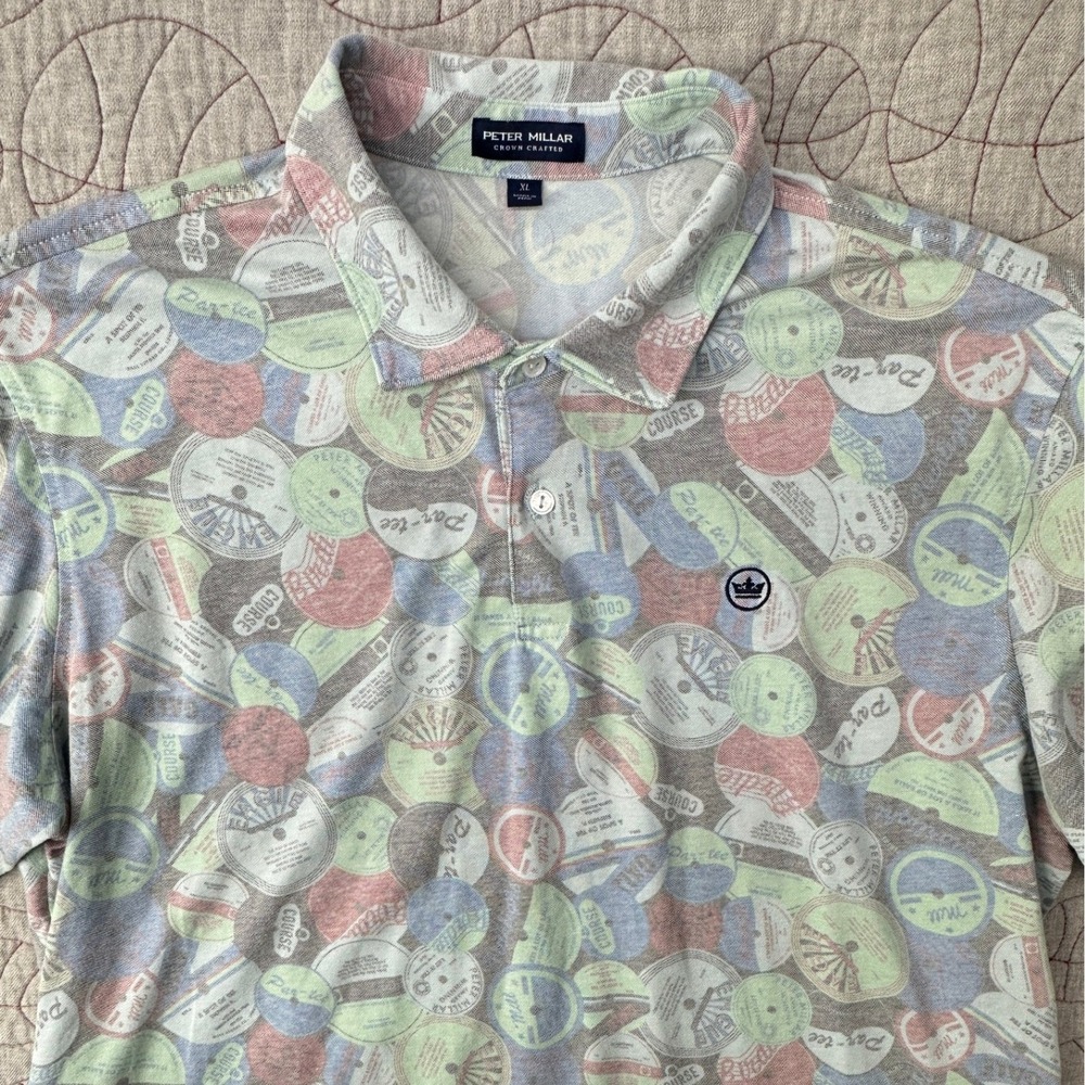 Peter Millar Ace Disk Polo Blue Multi Golf Ball Marker Record Print / Men's XL